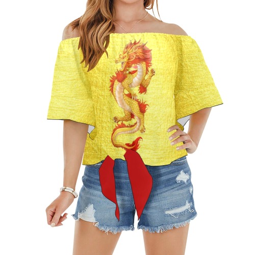 Golden Dragon Off Shoulder Knot Front Blouse (Model T71)