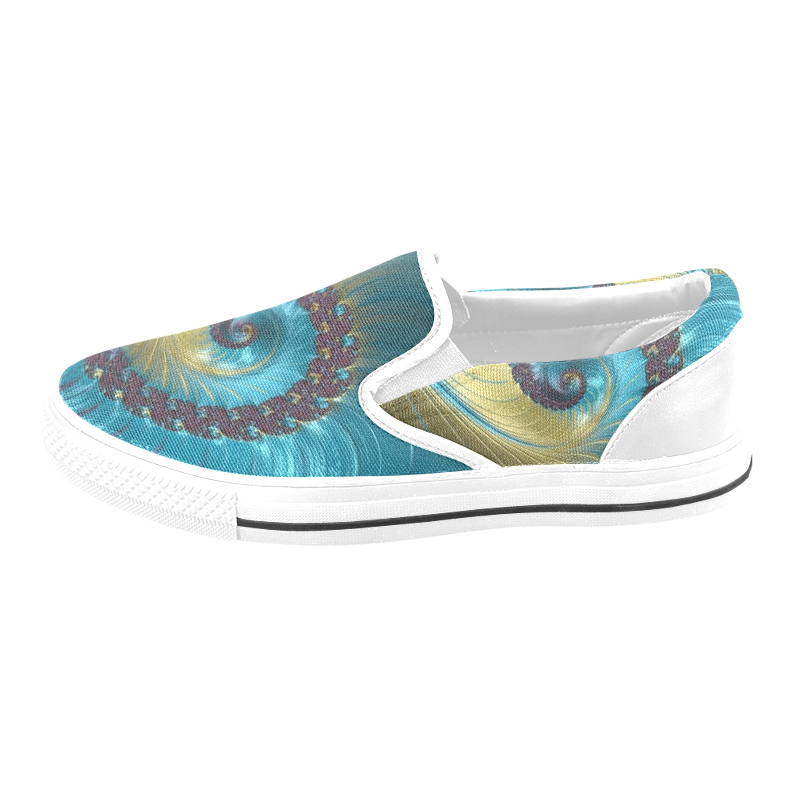 Turquoise and Gold Spiral Fractal Abstract Slip-on Canvas Shoes for Kid (Model 019)