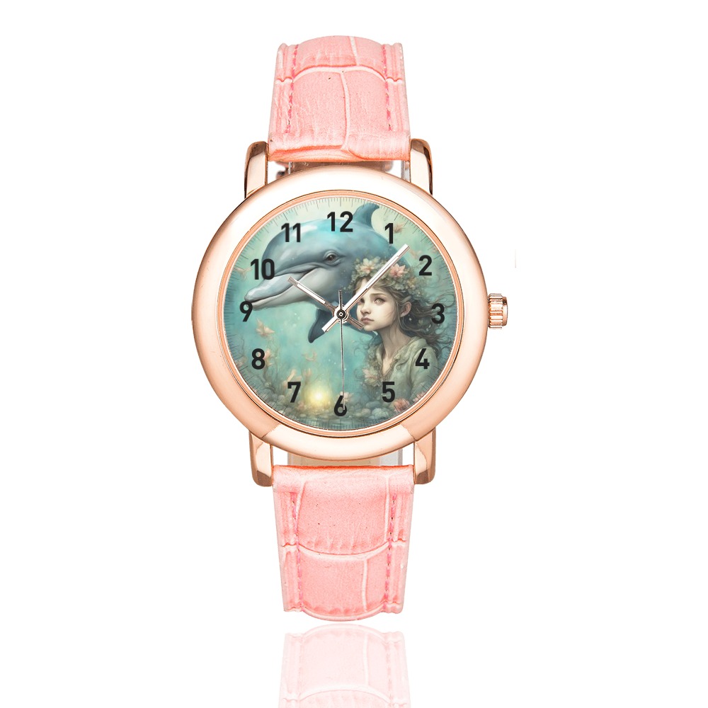 Dolphin Fantasy 4 Women's Rose Gold Leather Strap Watch(Model 201)