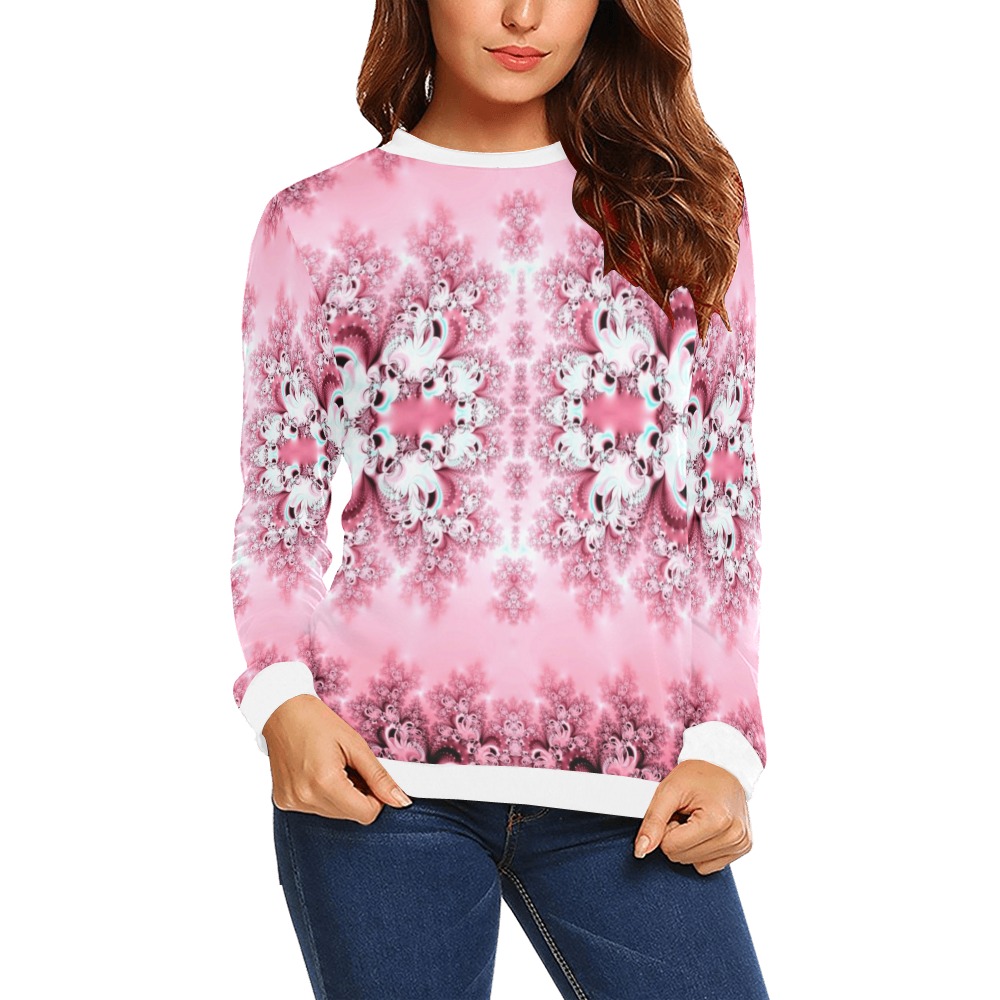 Pink Rose Garden Frost Fractal All Over Print Crewneck Sweatshirt for Women (Model H18)