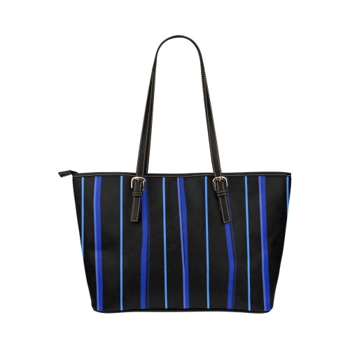 Classic Blue Stripes on Black Leather Tote Bag/Large (Model 1651)