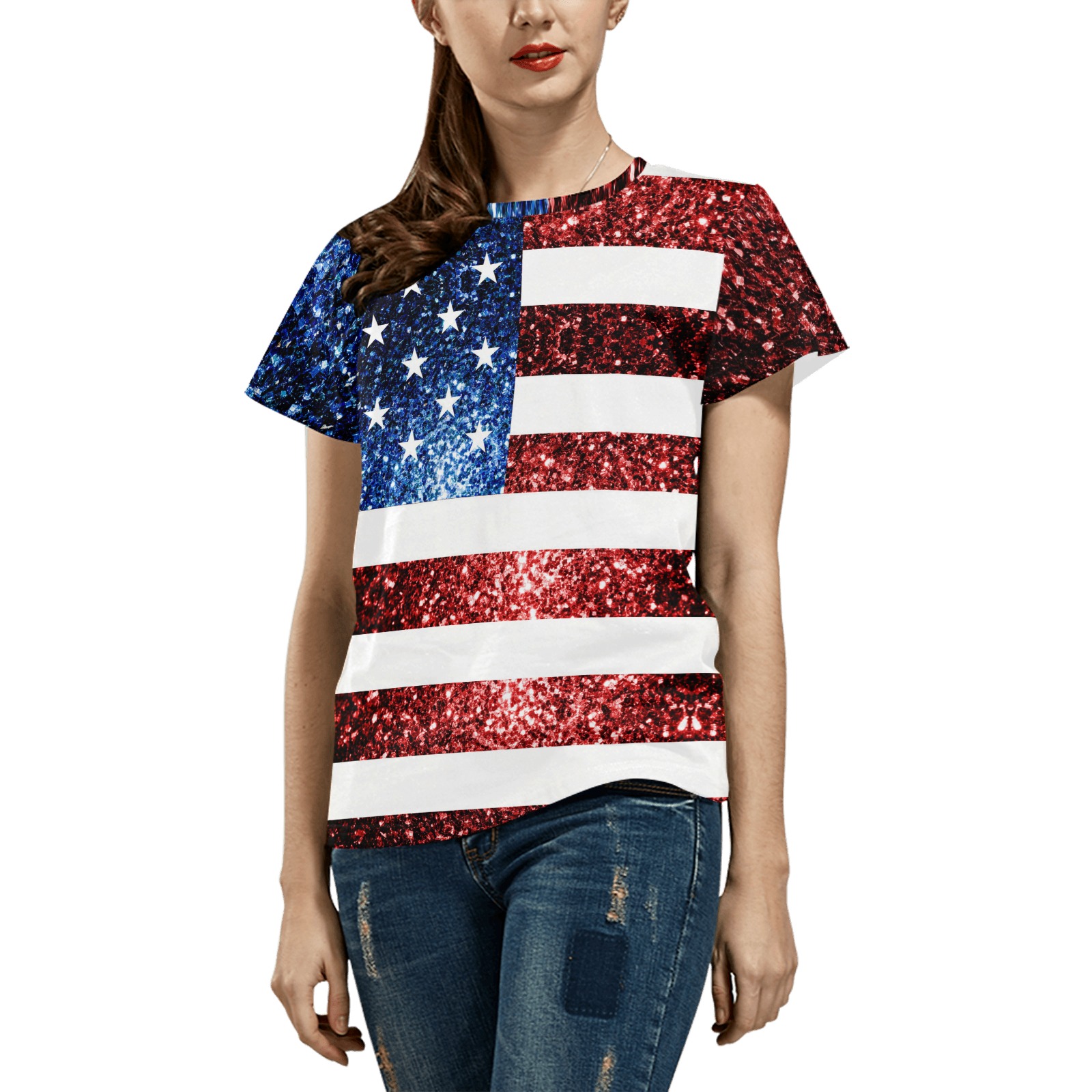 Sparkly USA flag America Red White Blue faux Sparkles patriotic bling 4th of July All Over Print T-Shirt for Women (USA Size) (Model T40)