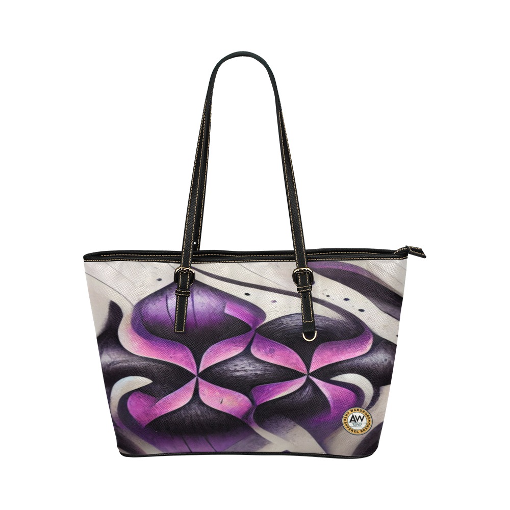 purple, cream and black pattern #1 Leather Tote Bag/Large (Model 1651)