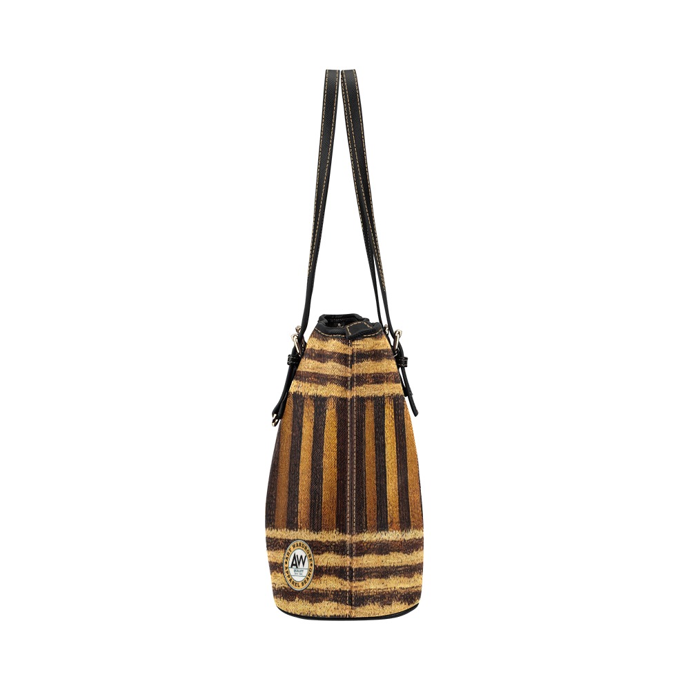 gold and brown striped pattern Leather Tote Bag/Large (Model 1651)