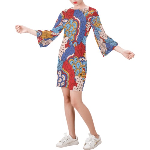 Gorgeous Abstract Vintage Retro Paisley Floral Bell Sleeve Dress (Model D52)