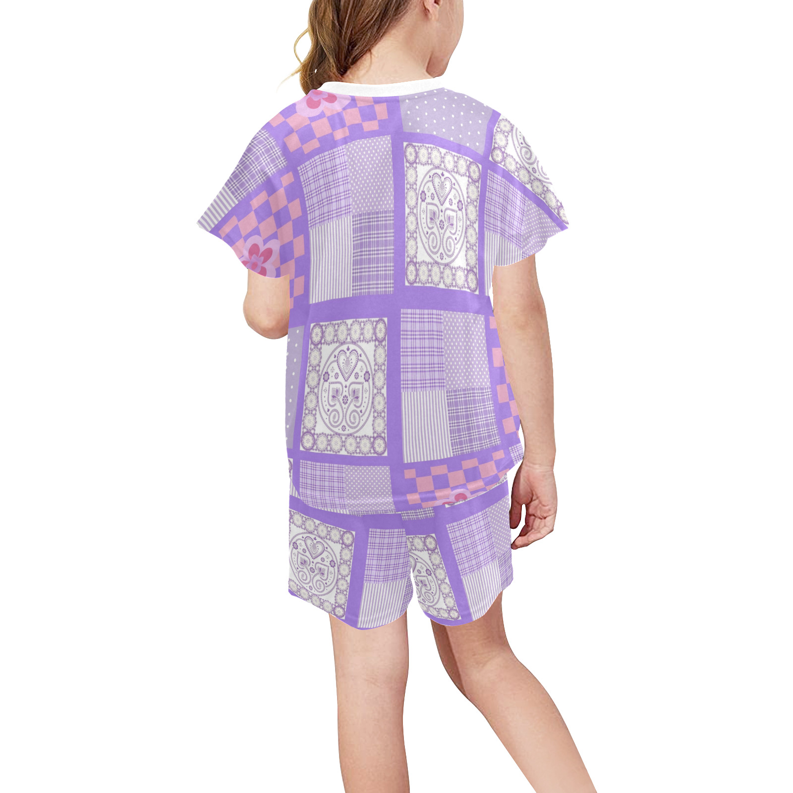 Pink and Purple Patchwork Design Big Girls' Short Pajama Set