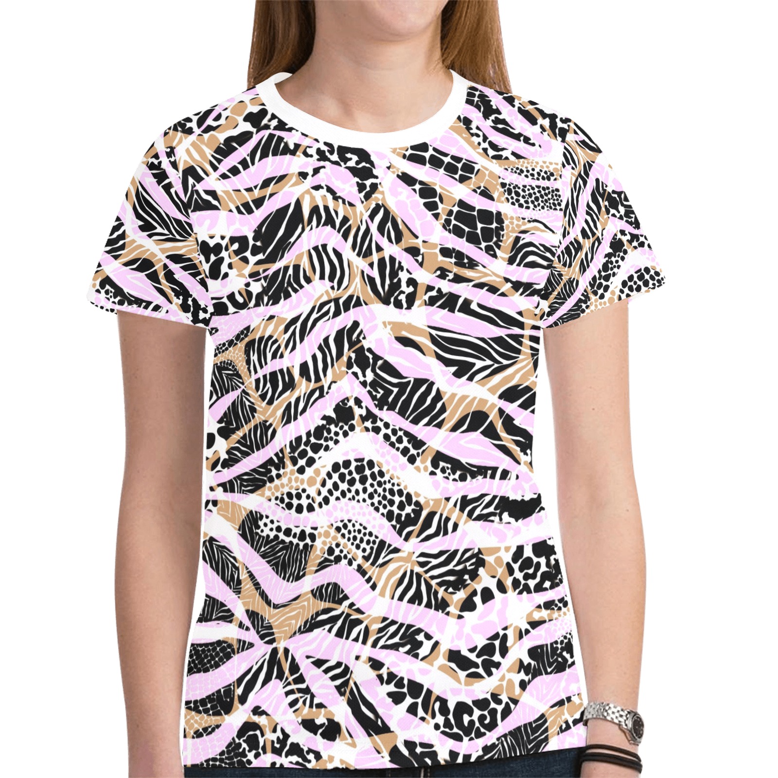 Camo animal print pink New All Over Print T-shirt for Women (Model T45)