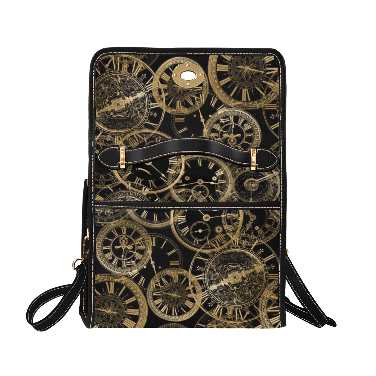 Gold Clocks Satchel Waterproof Canvas Bag-Black (All Over Print) (Model 1641)