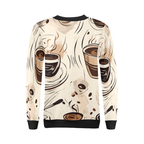 Coffee cups, beans on a beige tablecloth cool art All Over Print Crewneck Sweatshirt for Women (Model H18)
