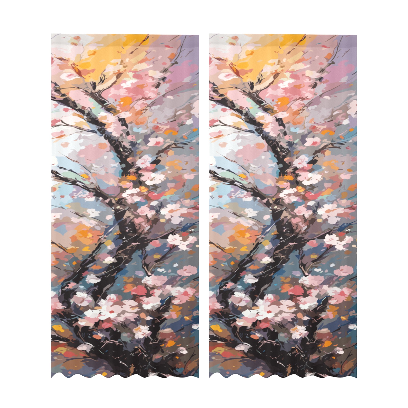 Elegant art of a sakura tree in full bloom. Gauze Curtain 28"x95" (Two-Piece)