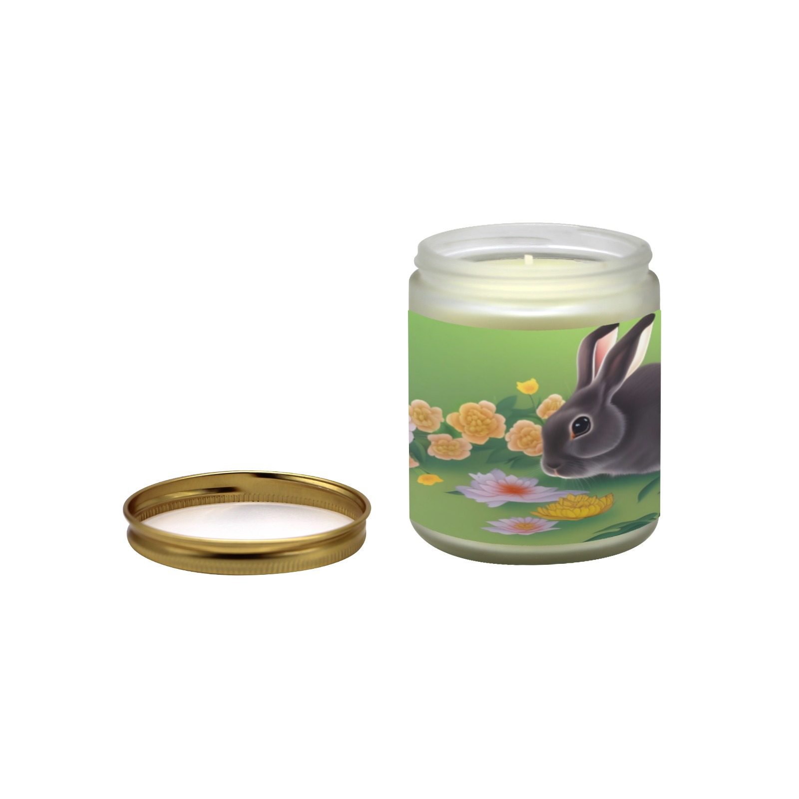 Rabbit and Flowers Frosted Glass Candle Cup - Large Size (Lavender&Lemon)