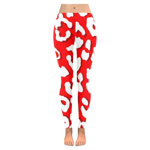 White Leopard Print Red Women's Low Rise Leggings (Invisible Stitch) (Model L05)