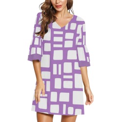 Lavender and White Summer Abstract Half Sleeves V-Neck Mini Dress (Model D63)