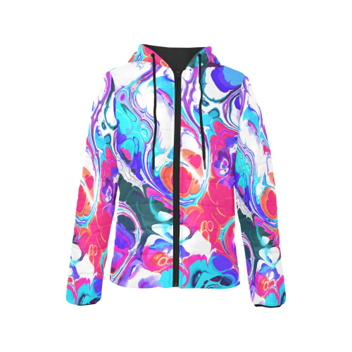 Blue White Pink Liquid Flowing Marbled Ink Abstract Women's Padded Hooded Jacket (Model H46)