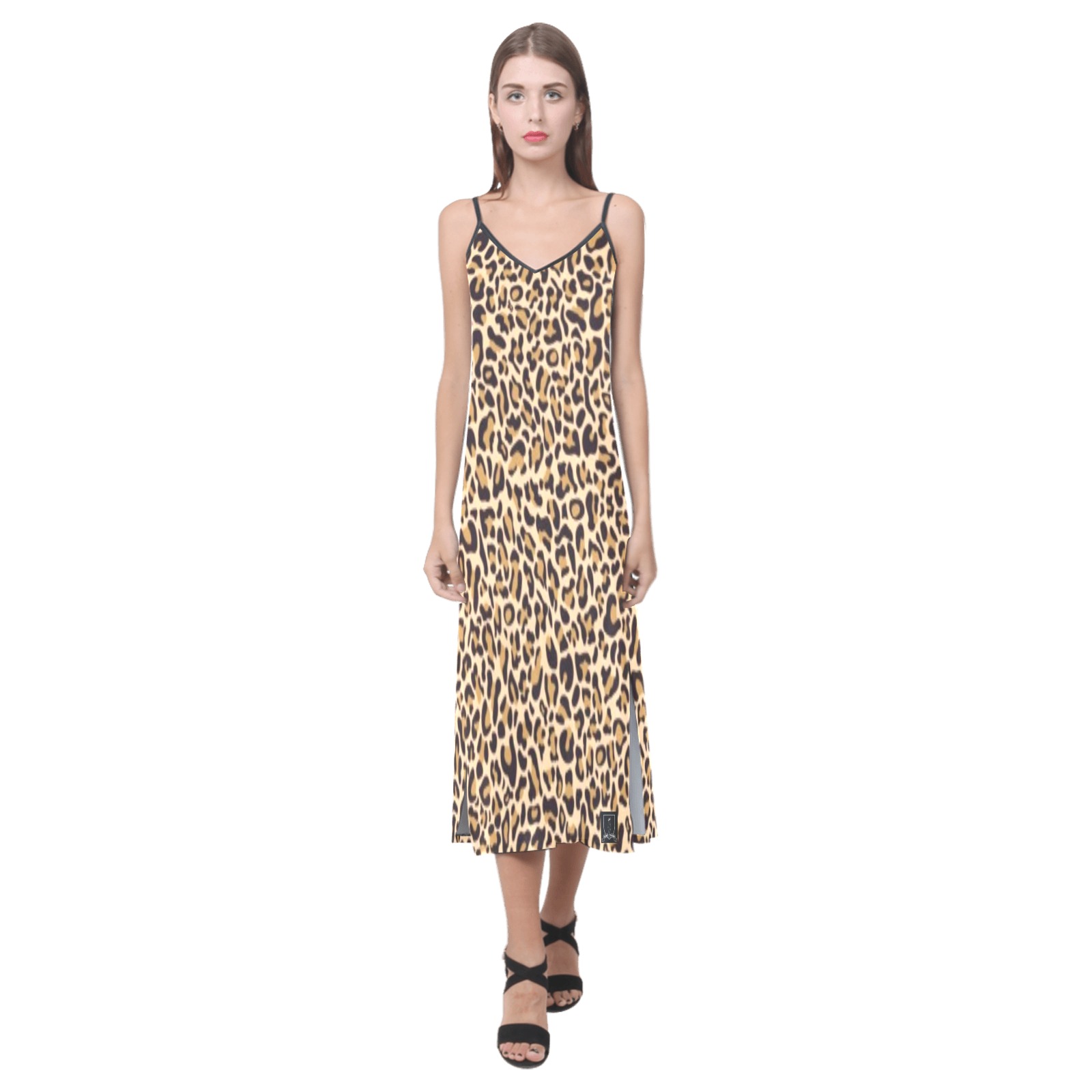 DIONIO Clothing - Ladies' Cheetah V-Neck Open Fork Long Dress V-Neck Open Fork Long Dress(Model D18)