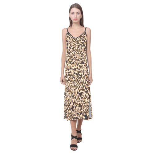 DIONIO Clothing - Ladies' Cheetah V-Neck Open Fork Long Dress V-Neck Open Fork Long Dress(Model D18)