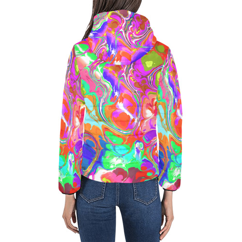 Psychedelic Abstract Marble Artistic Dynamic Paint Art Women's Padded Hooded Jacket (Model H46)