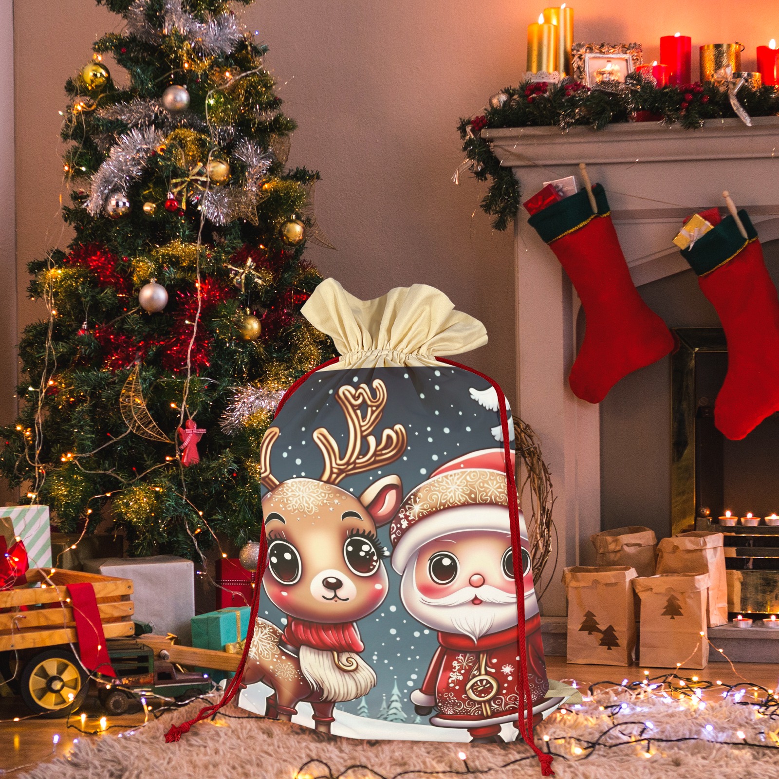 Santa and Reindeer 3 Pack Santa Claus Drawstring Bags (One-Sided Printing)
