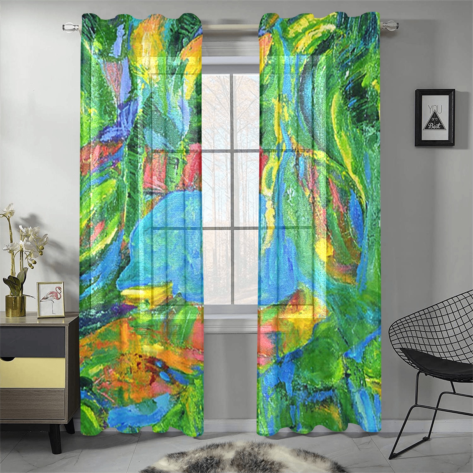 Green Tulip Collection Gauze Curtain 28"x84" (Two-Piece)