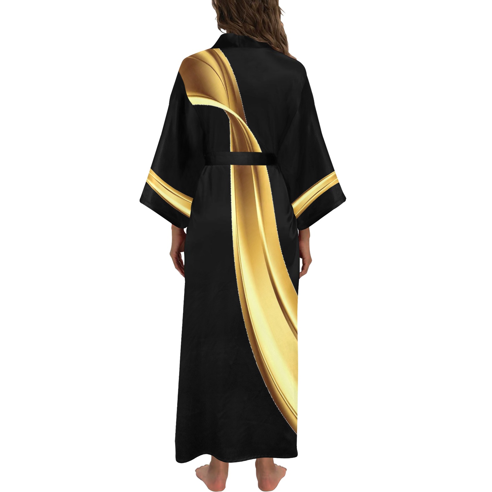 Golden Flowing Wave Pattern Long Kimono Robe
