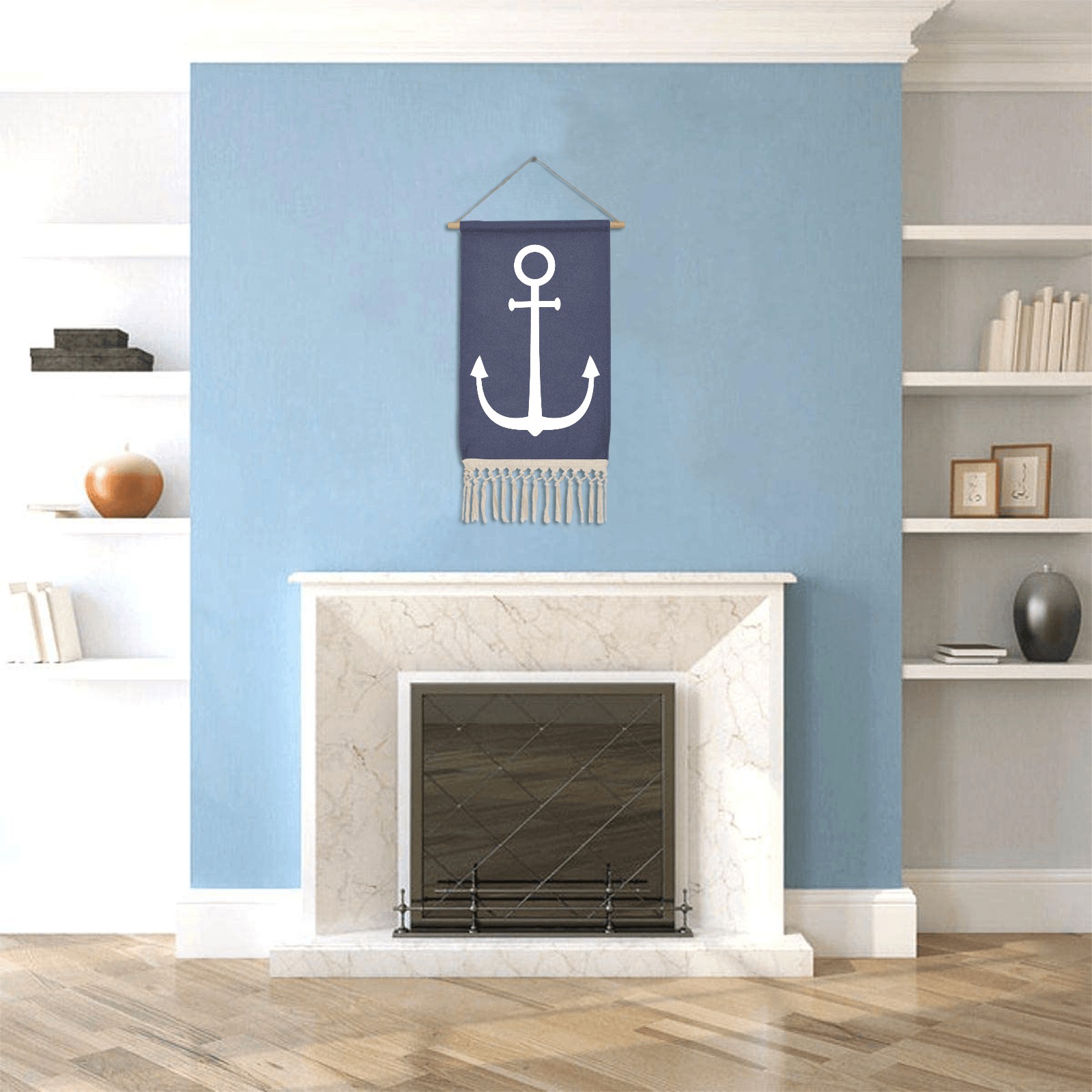 Silhouette image of an anchor of the white color. Linen Hanging Poster
