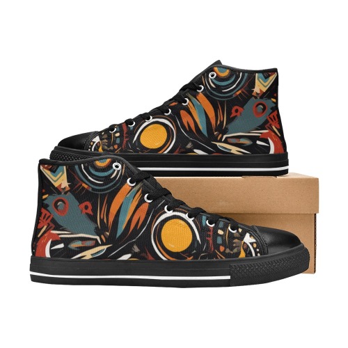 Tribal pattern of colorful shapes on black. Women's Classic High Top Canvas Shoes (Model 017)