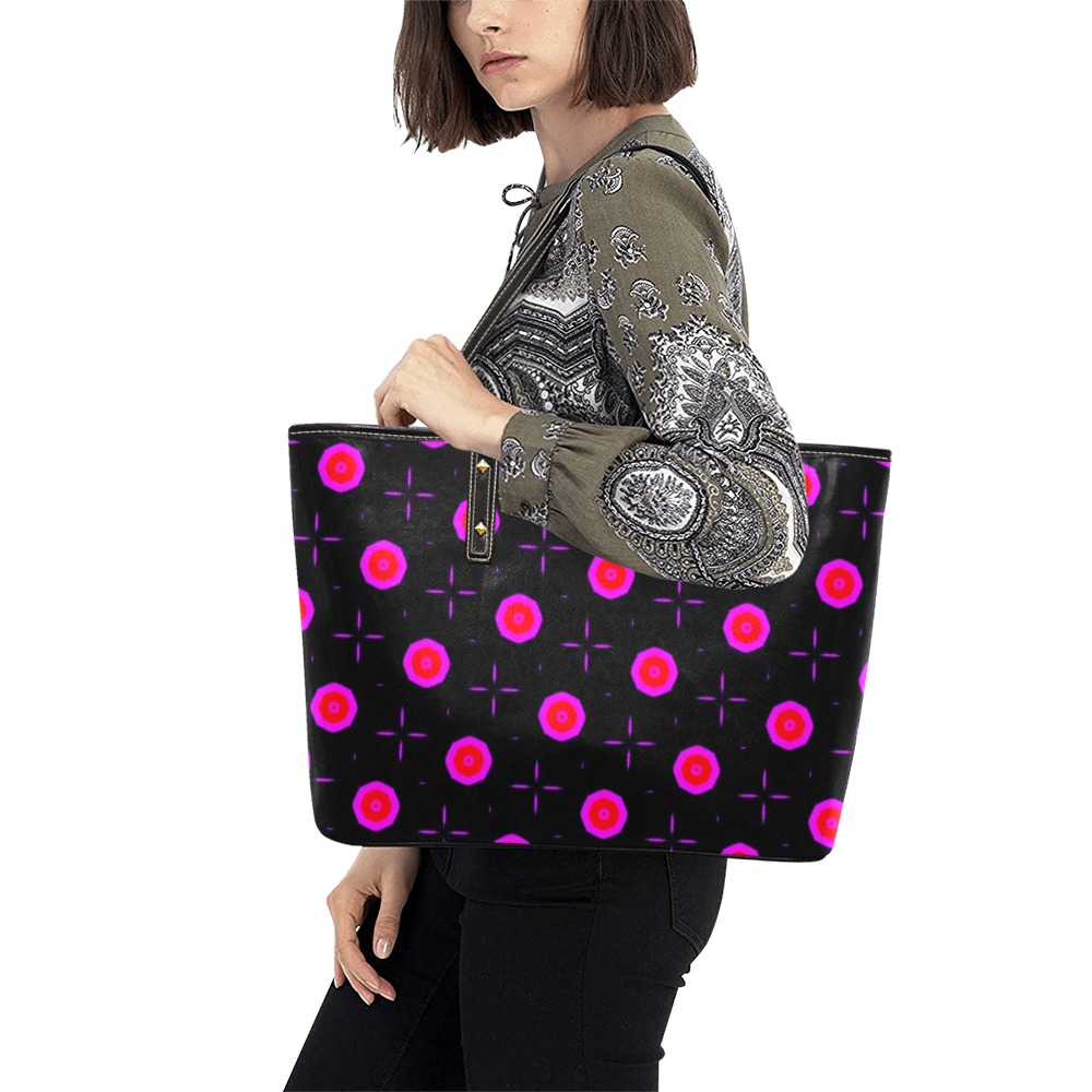 Pink Dots on Black Chic Leather Tote Bag (Model 1709)