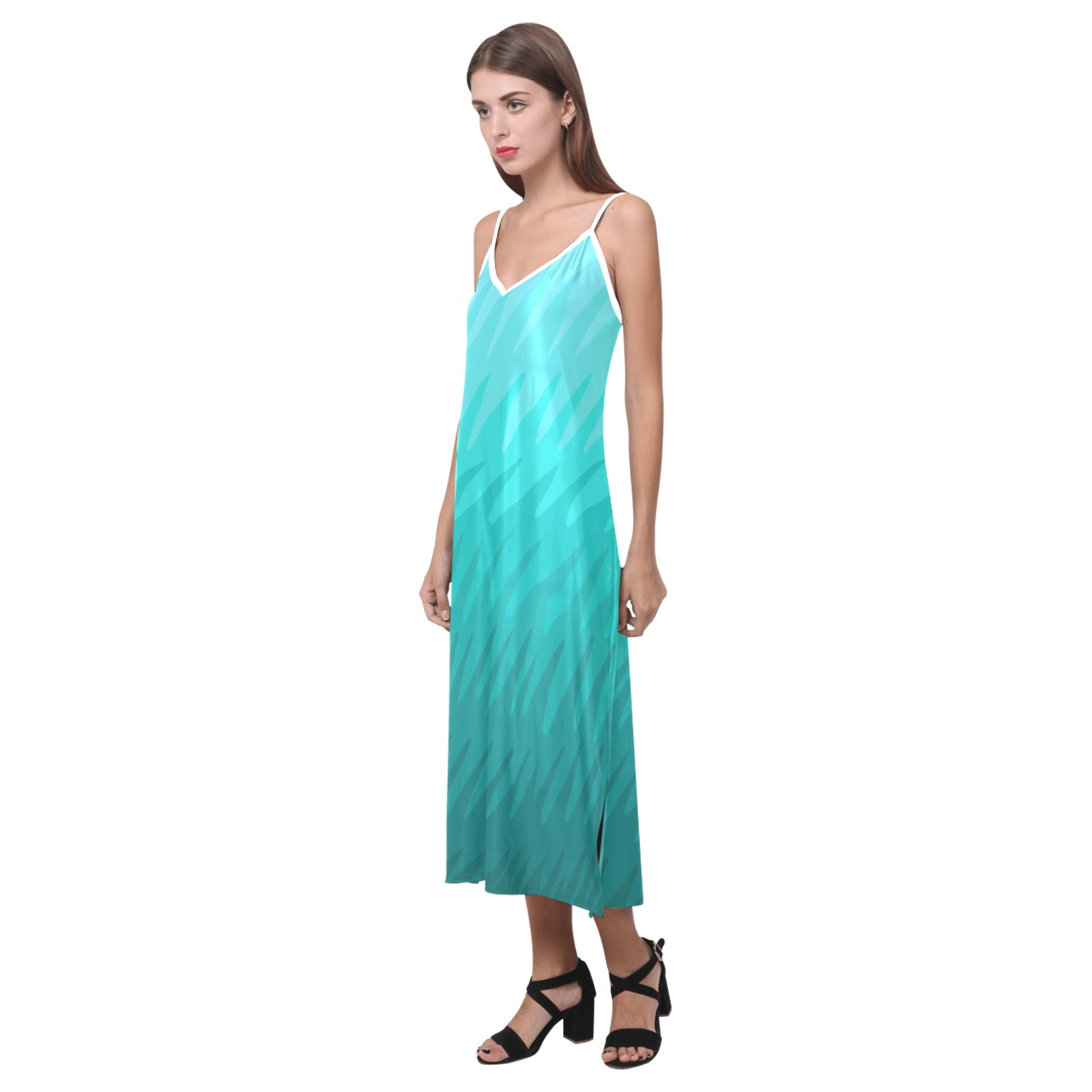 blue wavespike V-Neck Open Fork Long Dress(Model D18)