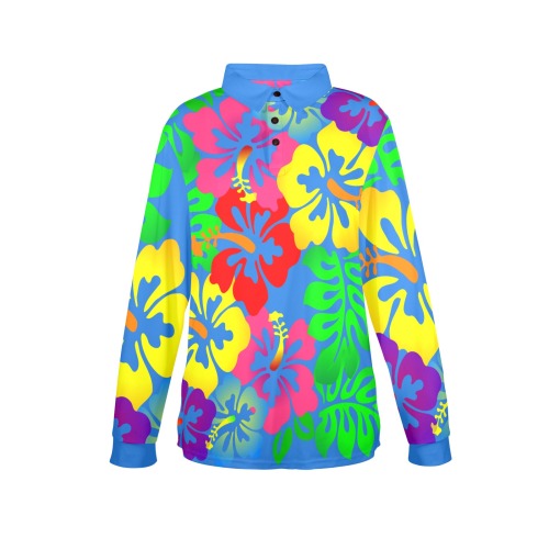 Hibiscus Hawaiian Flowers / Blue Women's Long Sleeve Polo Shirt (Model T73)