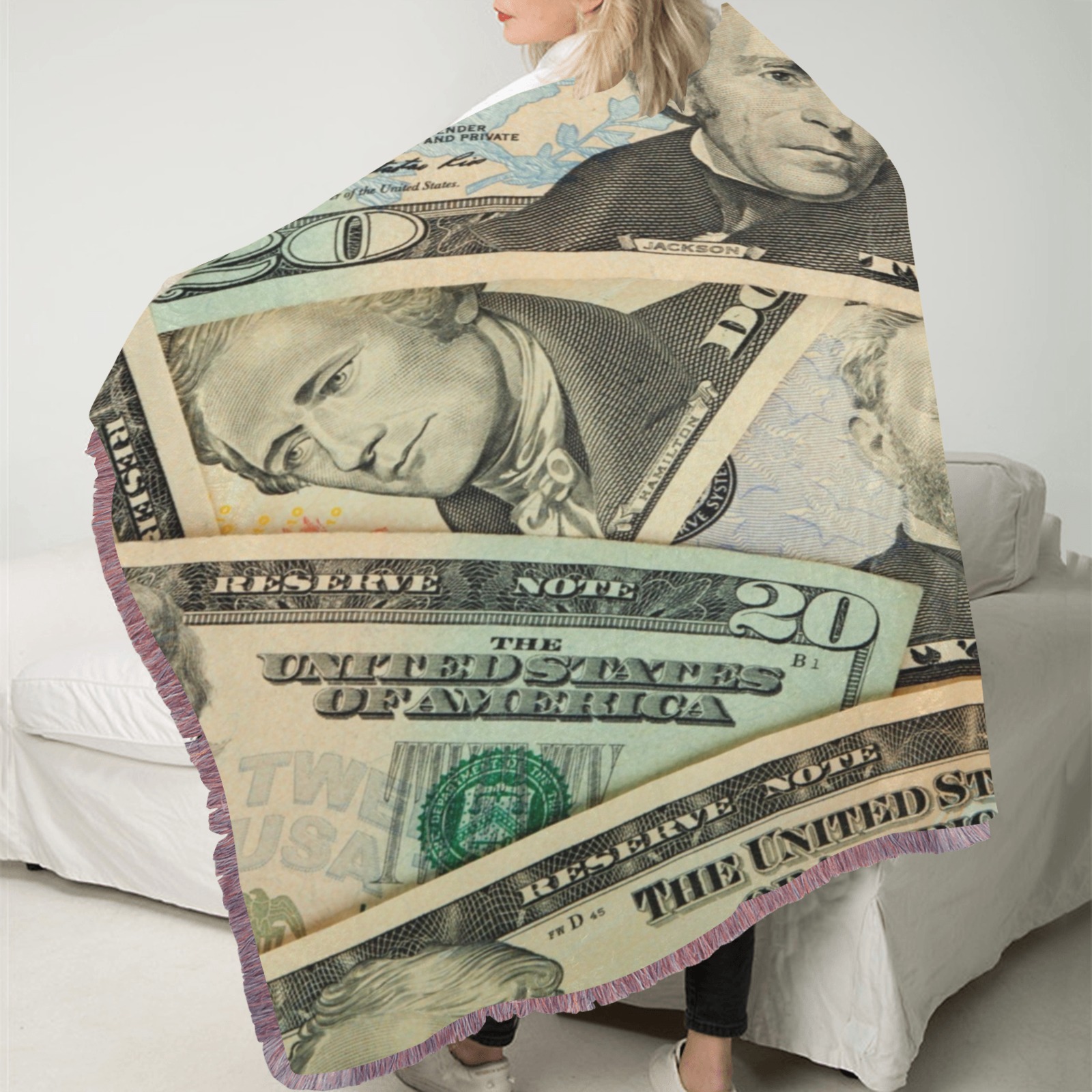 US PAPER CURRENCY Ultra-Soft Fringe Blanket 60"x80" (Mixed Pink)