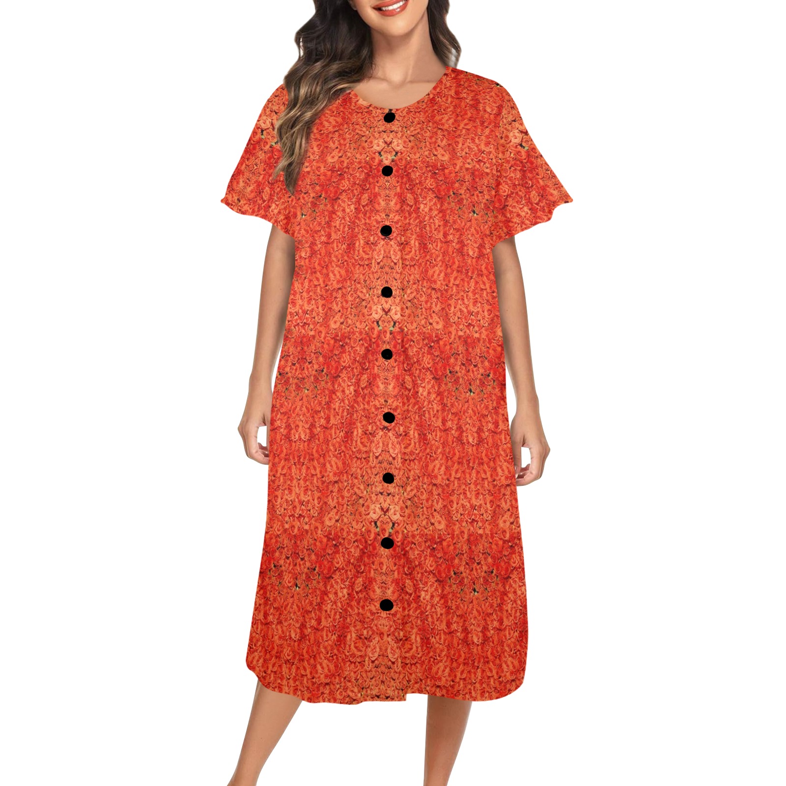 clear orange roses Women's Button Front House Dress