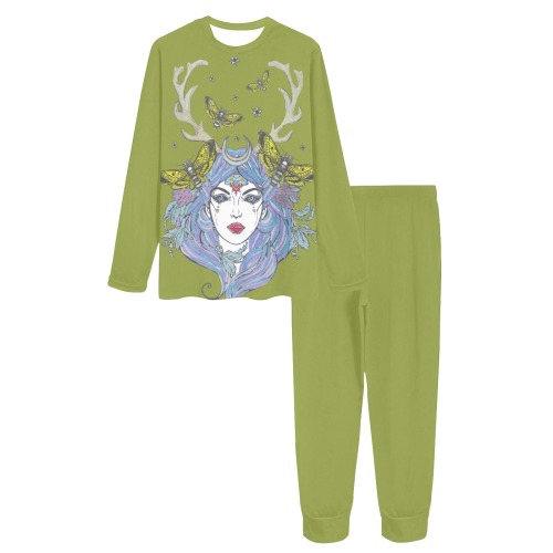 Goddess Sun Moon Earth Olive Green Women's All Over Print Pajama Set