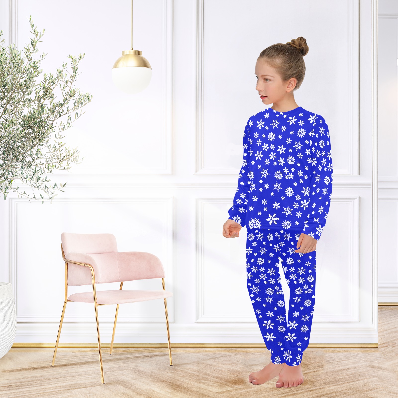 Christmas White Snowflakes on Blue Big Girls' Crew Neck Long Pajama Set