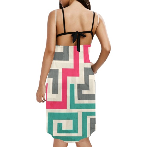 Retro Mod Geometric Square Spaghetti Strap Backless Beach Cover Up Dress (Model D65)