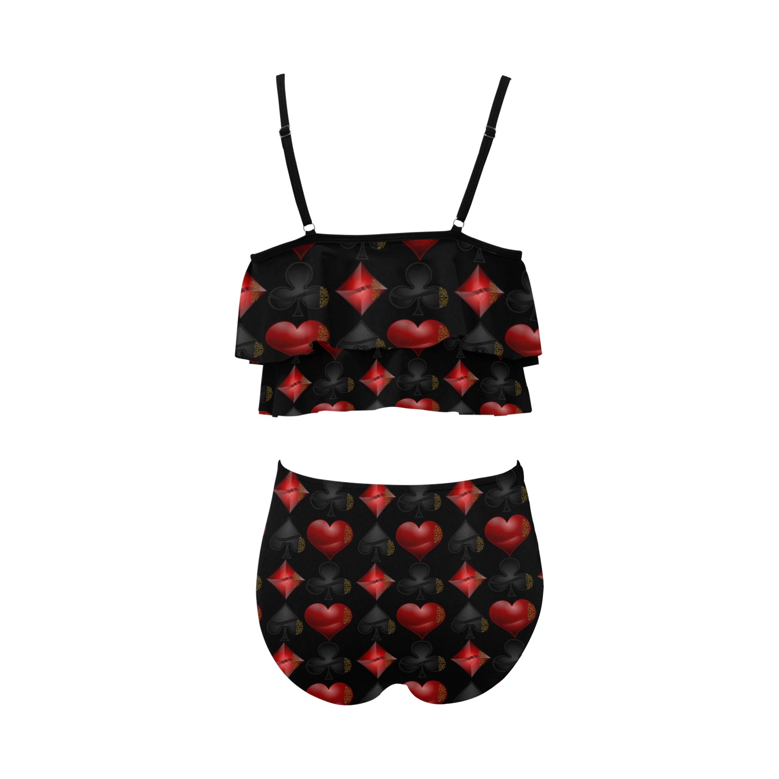 Las Vegas Black and Red Card Shapes Black High Waisted Double Ruffle Bikini Set (Model S34)