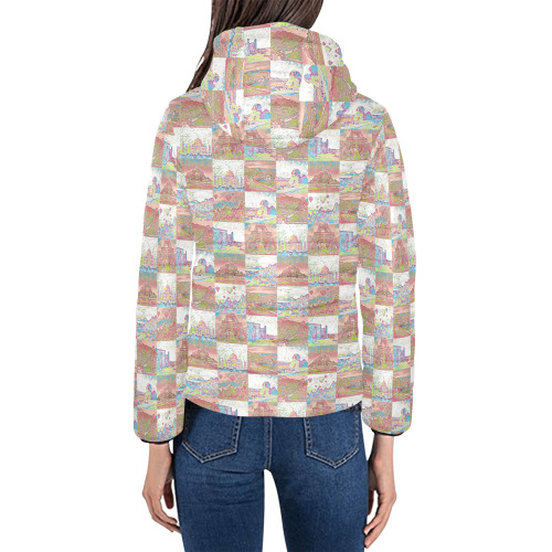 Big Pink and White World travel Collage Pattern Women's Padded Hooded Jacket (Model H46)