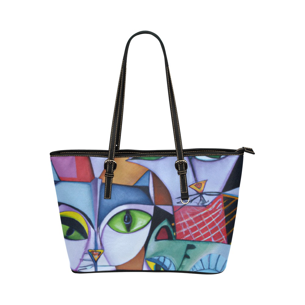 Cat Scape Leather Tote Bag/Large (Model 1651)
