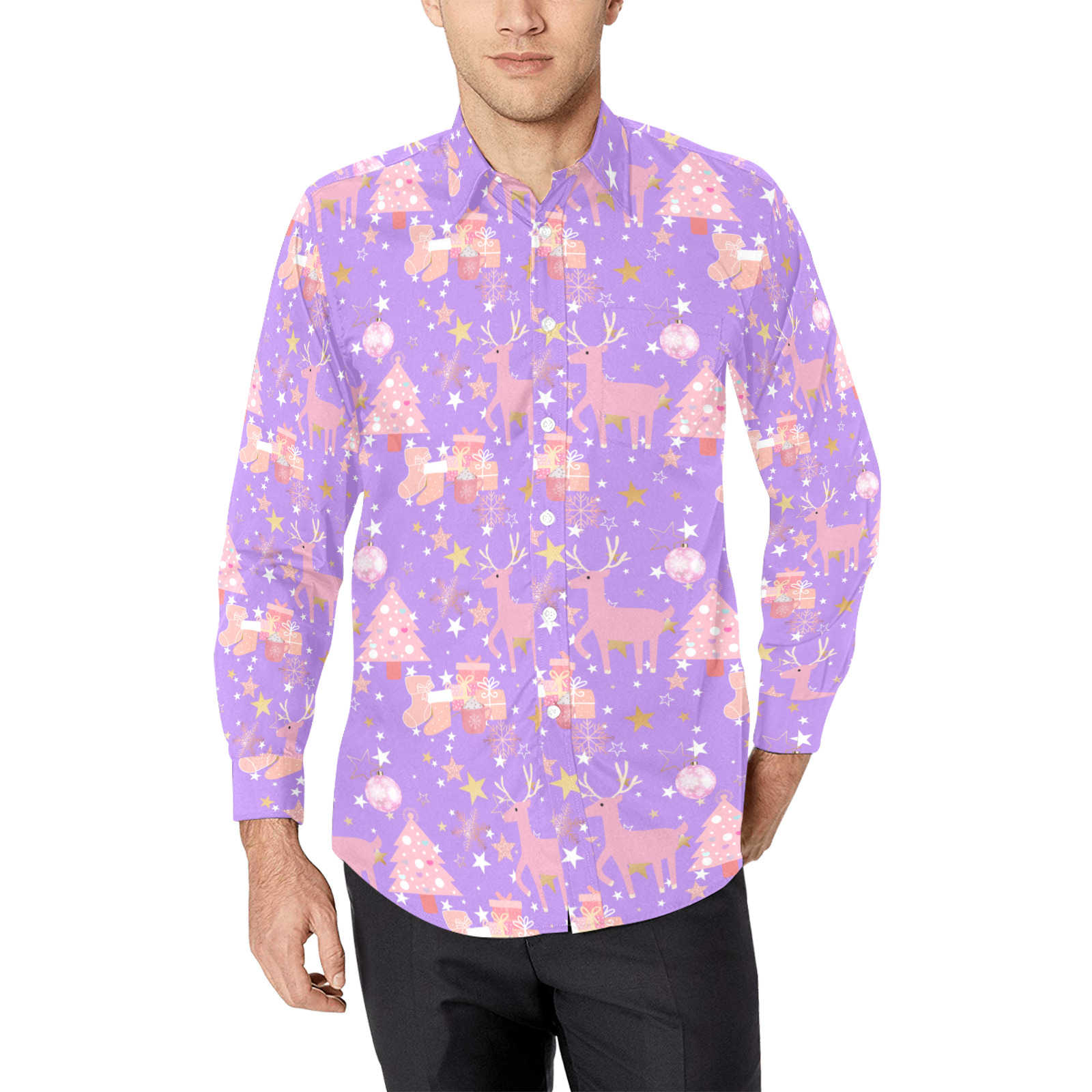 Pink and Purple and Gold Christmas Design Men's All Over Print Casual Dress Shirt (Model T61)