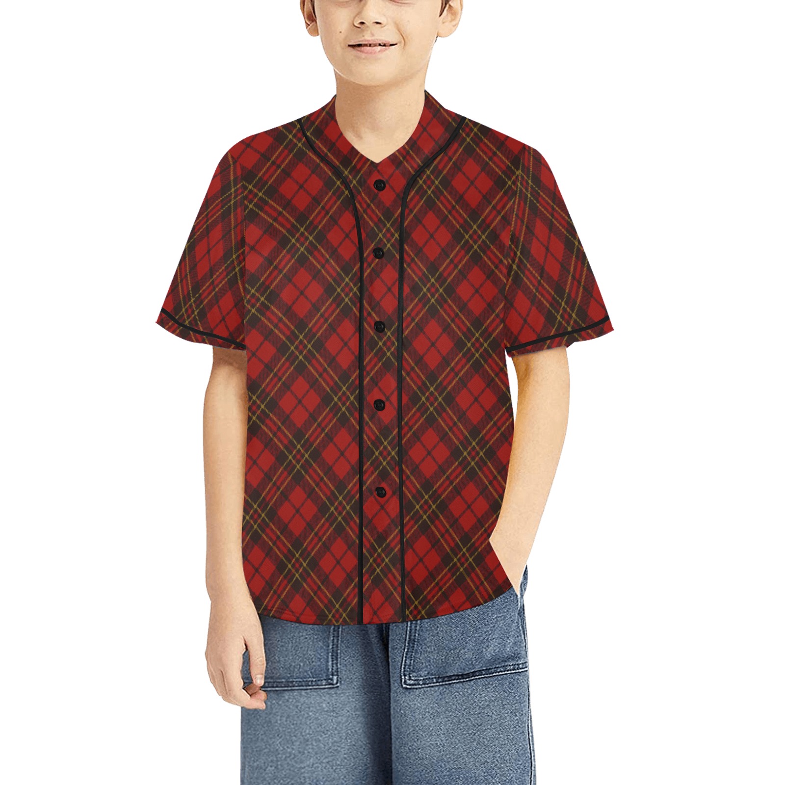 Red tartan plaid winter Christmas pattern holidays All Over Print Baseball Jersey for Kids (Model T50)