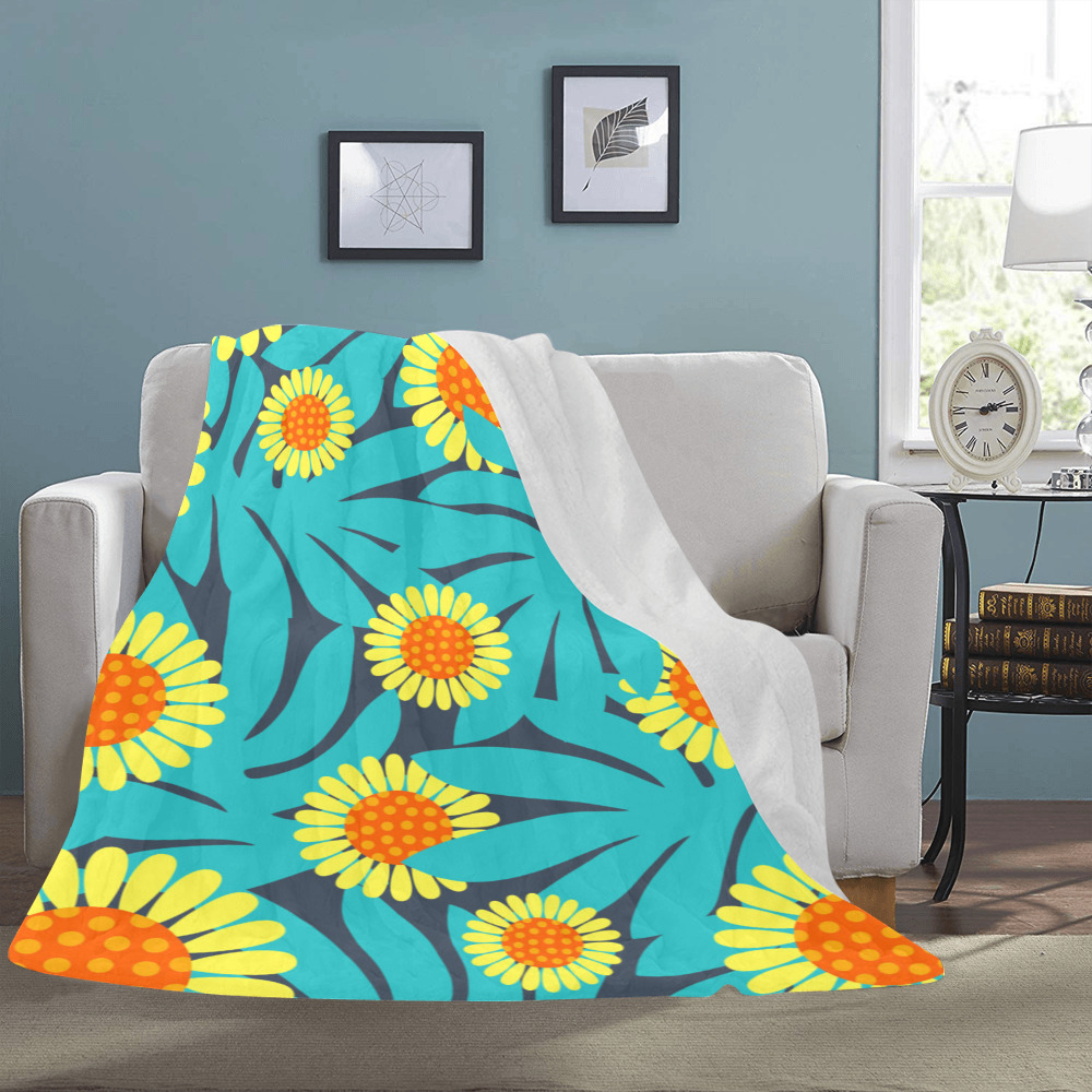 Yellow and Teal Paradise Jungle Flowers and Leaves Ultra-Soft Micro Fleece Blanket 60"x80"