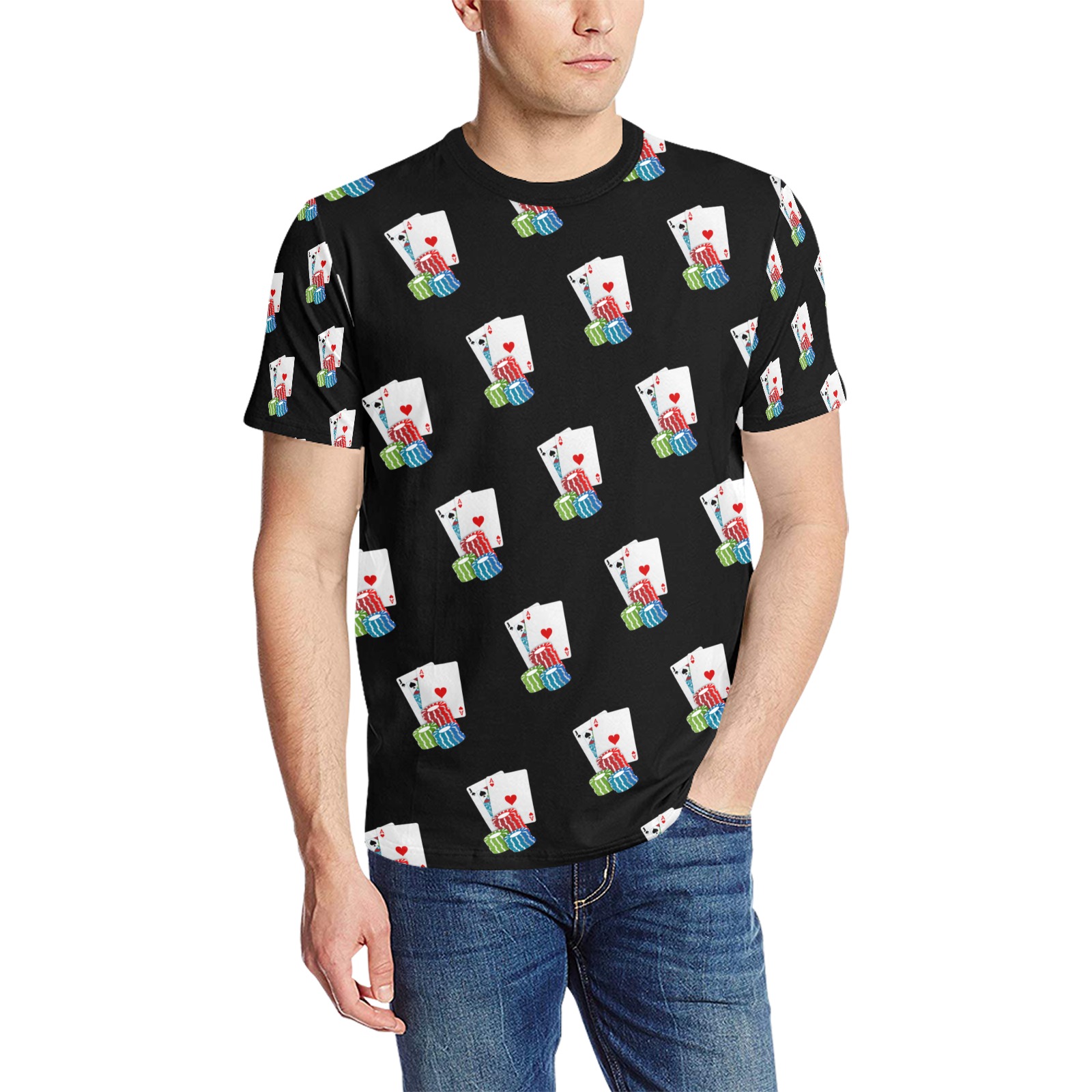 Las Vegas Blackjack / Black Men's All Over Print T-Shirt (Solid Color Neck) (Model T63)