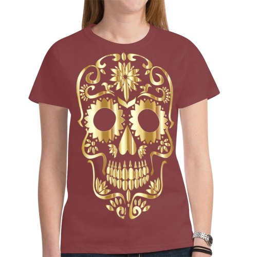 Golden Sugar Skull Burgundy New All Over Print T-shirt for Women (Model T45)