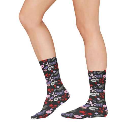 Black, Red, Pink, Purple, Dragonflies, Butterfly and Flowers Design All Over Print Socks for Women