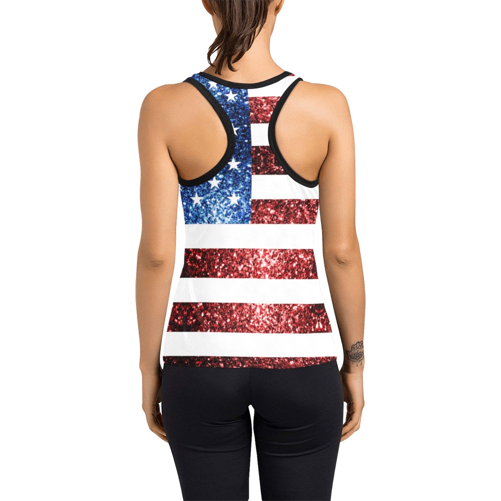Sparkly USA flag America Red White Blue faux Sparkles patriotic bling 4th of July Women's Racerback Tank Top (Model T60)