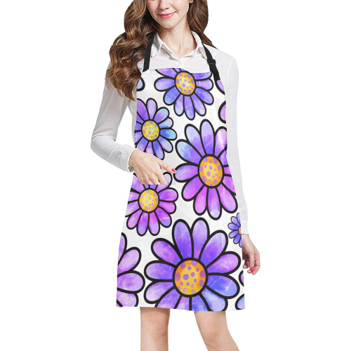 Lilac Watercolor Doodle Daisy Flower Pattern All Over Print Apron