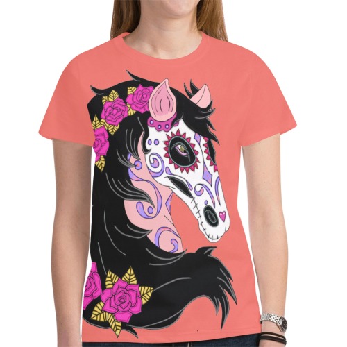 Sugar Skull Horse Pink Roses Coral New All Over Print T-shirt for Women (Model T45)