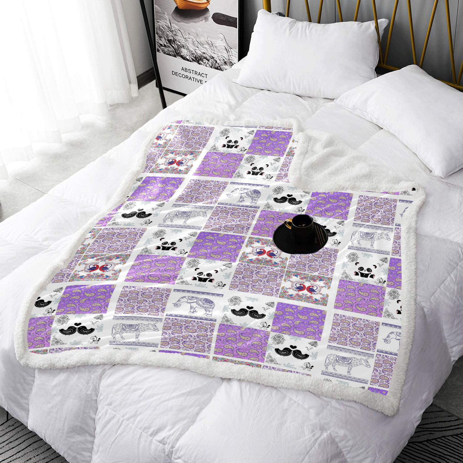 Purple Paisley Birds and Animals Patchwork Design Double Layer Short Plush Blanket 50"x60"