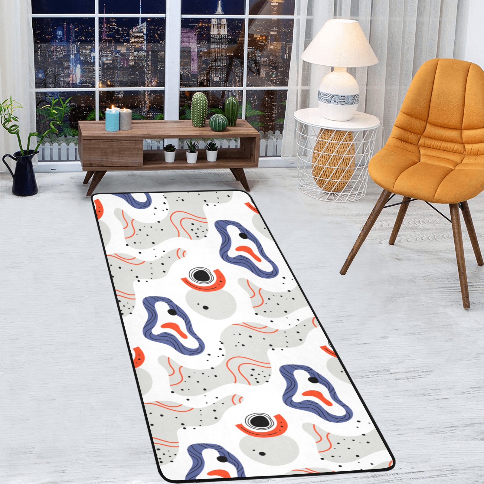 Elegant Abstract Mid Century Pattern Area Rug with Black Binding  7'x3'3''