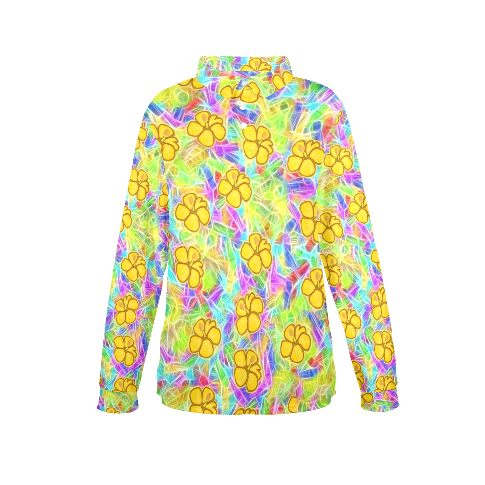 Yellow Hawaiian Flowers Pattern Women's Long Sleeve Polo Shirt (Model T73)