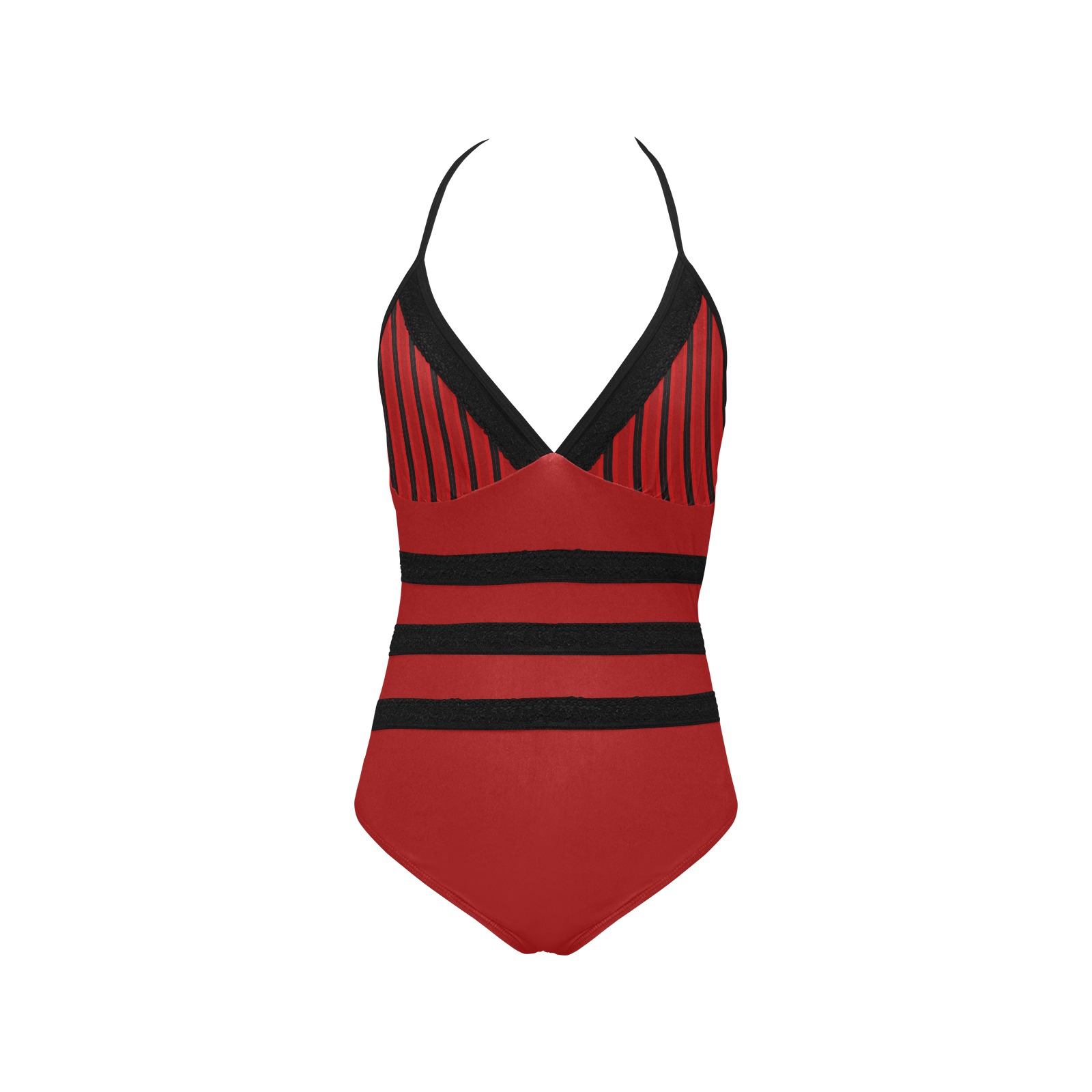 Black and Red Stripes Lace Band Embossing Swimsuit (Model S15)